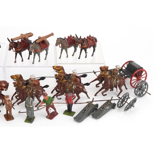 1124 - Britains hand painted lead soldiers including horse drawn carts, spotting chair and observer