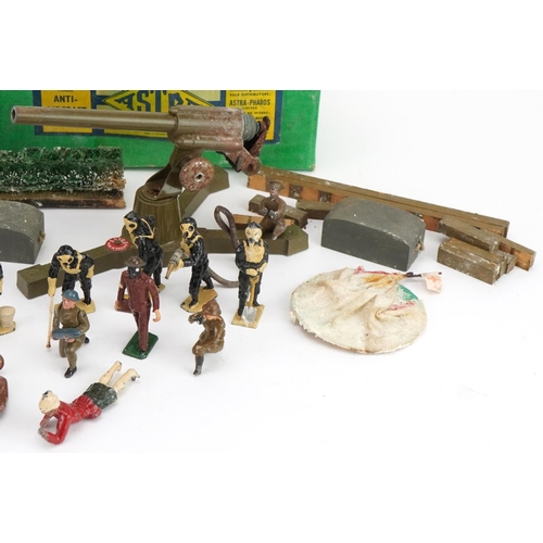 1126 - Two vintage Astra anti-aircraft guns with boxes, various scenery and a Britains barrage balloon