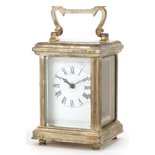 2468 - Miniature silver plated carriage clock with swing handle and enamelled dial having Roman numerals, 8... 