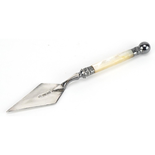 402 - Francis Howard, Victorian silver letter opener with mother of pearl handle in the form of a trowel, ... 