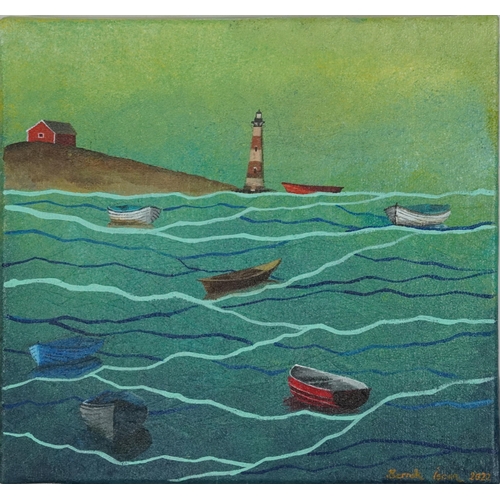 341 - Berrak Iscan - Boats on calm water with lighthouse, Turkish oil on canvas, stamped verso, unframed, ... 