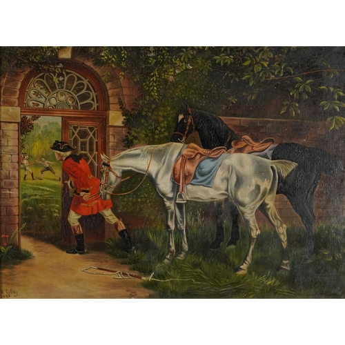 268 - W Colley 1895 - Suspense, figure with horses onlooking two men fencing, 19th century oil on board, i... 