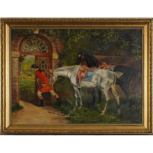 268 - W Colley 1895 - Suspense, figure with horses onlooking two men fencing, 19th century oil on board, i... 