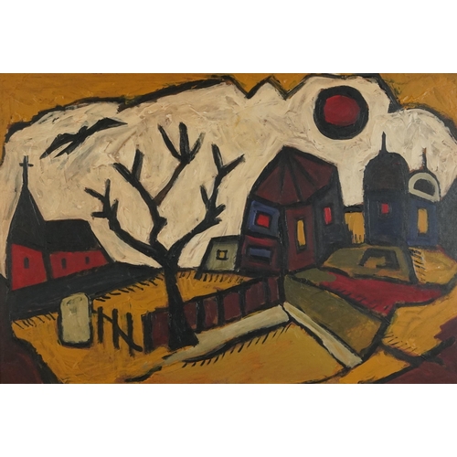 188 - Abstract composition, town scene, Impressionist oil on board, mounted and framed, 71cm x 48cm exclud... 