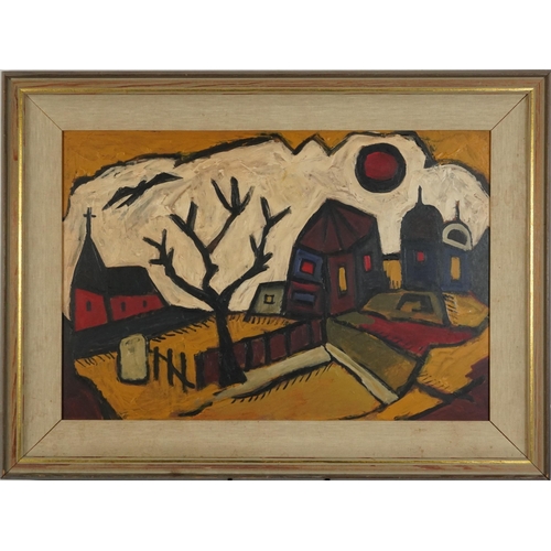 188 - Abstract composition, town scene, Impressionist oil on board, mounted and framed, 71cm x 48cm exclud... 