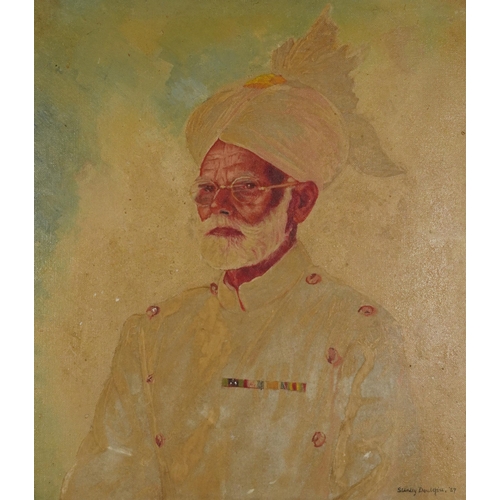 2402 - Portrait of an Indian soldier, oil on board, bearing an indistinct signature, possibly Stanley Doubo... 