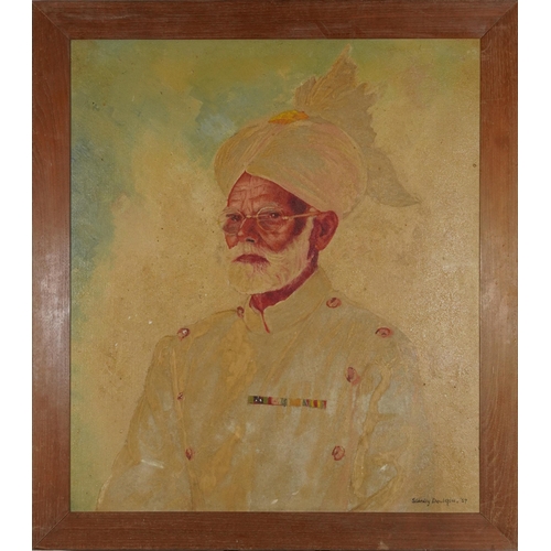 2402 - Portrait of an Indian soldier, oil on board, bearing an indistinct signature, possibly Stanley Doubo... 