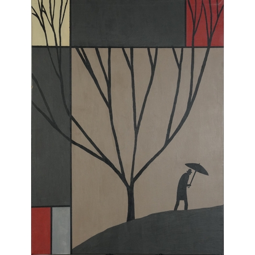 2097 - Elderly man with umbrella beside a tree, Surreal school oil on canvas, unframed, 79.5cm x 60cm