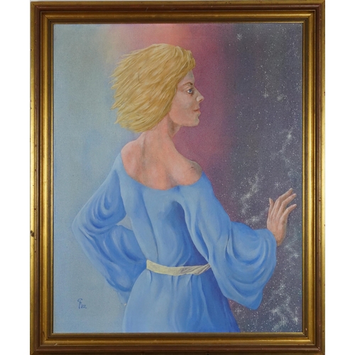 2403 - Portrait of a female, 1980s fantasy style oil on canvas, framed, 75cm x 61.5cm excluding the frame