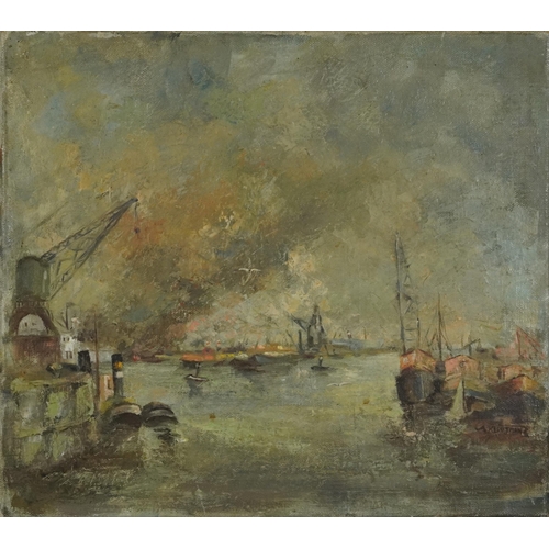 2077 - Industrial river scene, Impressionist oil on canvas, indistinctly signed, framed, 50.5cm x 45cm excl... 