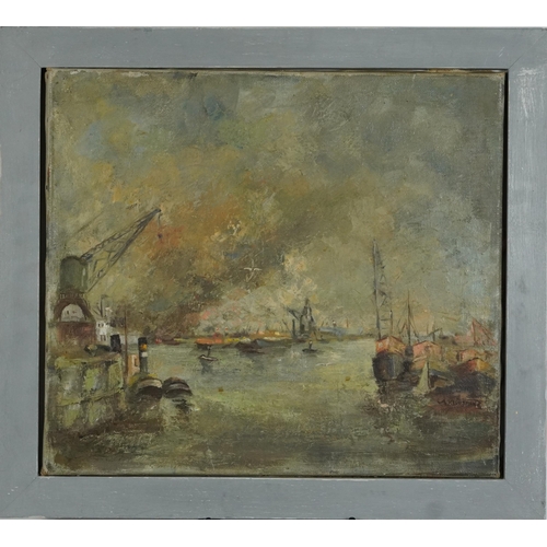 2077 - Industrial river scene, Impressionist oil on canvas, indistinctly signed, framed, 50.5cm x 45cm excl... 