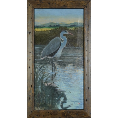 2321 - Ian Harrison - Heron on water, oil on canvas, framed, 50cm x 29cm excluding the frame