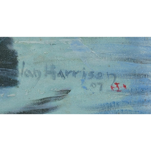 2321 - Ian Harrison - Heron on water, oil on canvas, framed, 50cm x 29cm excluding the frame