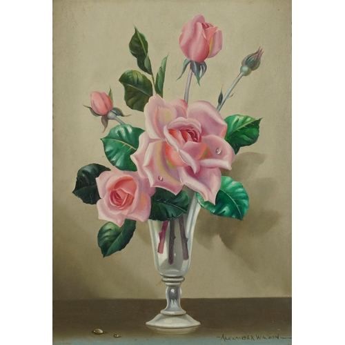 603 - Alexander Wilson - Roses in a vase, oil on board, framed, 34.5cm x 24.5cm excluding the frame