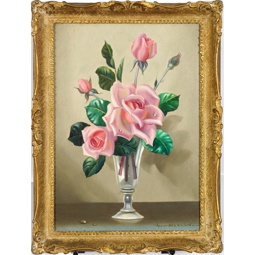 603 - Alexander Wilson - Roses in a vase, oil on board, framed, 34.5cm x 24.5cm excluding the frame