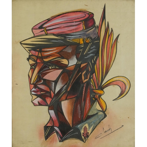 684 - Portrait of a man, Cubist school watercolour on paper, framed and glazed, 35cm x 30cm excluding the ... 