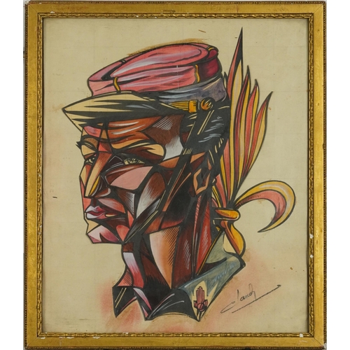 684 - Portrait of a man, Cubist school watercolour on paper, framed and glazed, 35cm x 30cm excluding the ... 