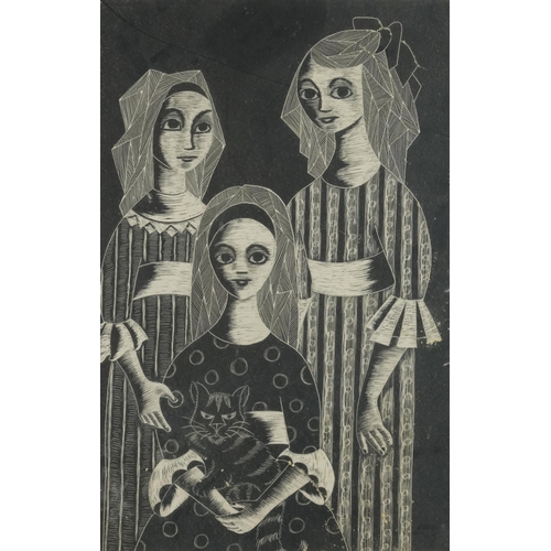 2210 - Three females in an interior, mixed media on board, inscribed Judy Ward verso, mounted, framed and g... 