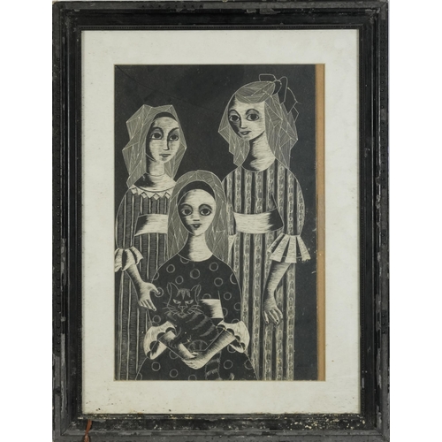 2210 - Three females in an interior, mixed media on board, inscribed Judy Ward verso, mounted, framed and g... 