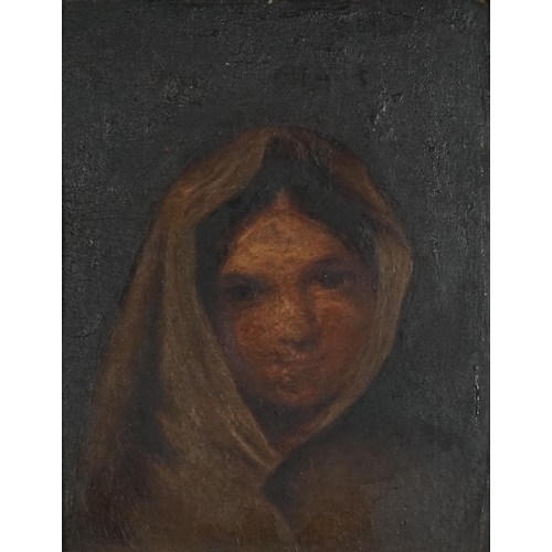 2592 - Head and shoulders portrait of a young female, 19th century Italian school oil on board, mounted and... 