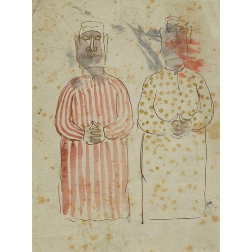 2503 - Two figures in traditional dress, Indian school ink and watercolour on paper, mounted, framed and gl... 