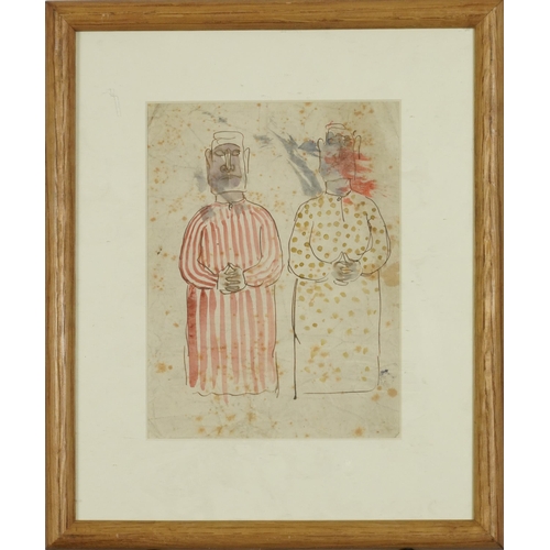 2503 - Two figures in traditional dress, Indian school ink and watercolour on paper, mounted, framed and gl... 