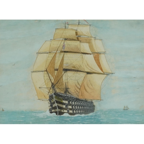 683 - HMS Victory, naval interest heightened watercolour, mounted, framed and glazed, 46.5cm x 34cm exclud... 