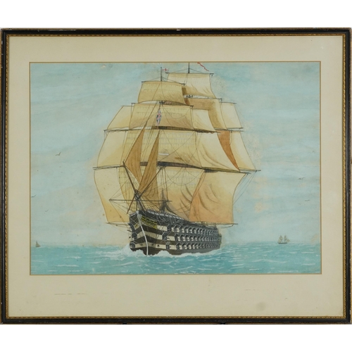 683 - HMS Victory, naval interest heightened watercolour, mounted, framed and glazed, 46.5cm x 34cm exclud... 