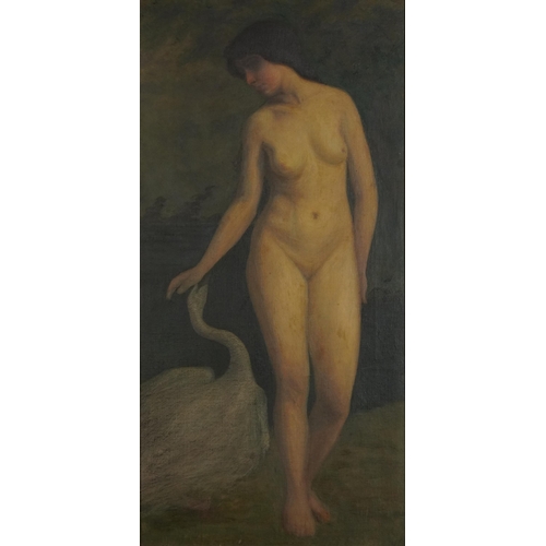 187 - Leda and the Swan, Pre-Raphaelite oil on canvas, mounted and framed, 59.5cm x 29cm excluding the mou... 