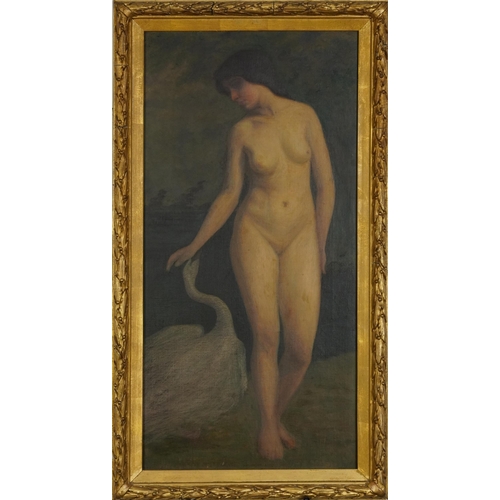 187 - Leda and the Swan, Pre-Raphaelite oil on canvas, mounted and framed, 59.5cm x 29cm excluding the mou... 