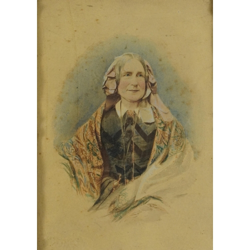 2654 - Top half portrait of an elderly female, heightened watercolour over photograph, framed and glazed, 1... 