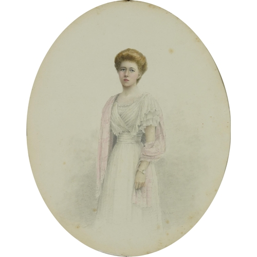 189 - M E Hall - Full length portrait of a young female wearing a white dress, late 19th century oval penc... 