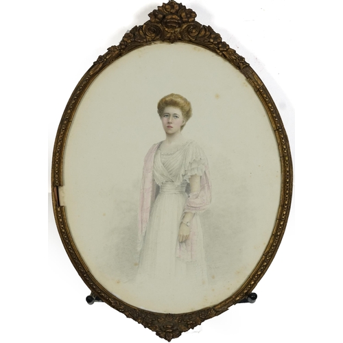 189 - M E Hall - Full length portrait of a young female wearing a white dress, late 19th century oval penc... 