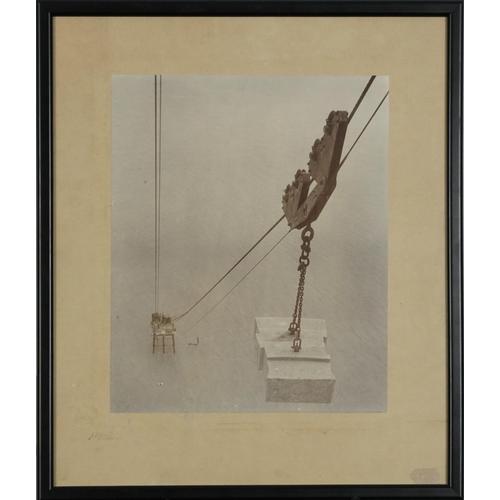 1653 - Early 20th century local interest Albumen photograph of Cornish granite being lowered from Beachy He... 