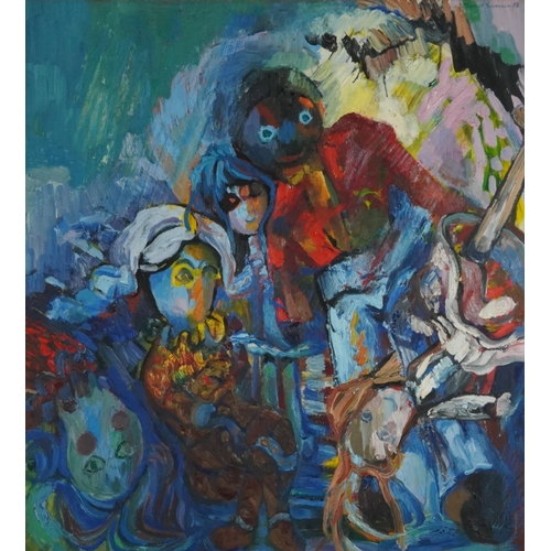 226 - Janet Samson 1988 - Dolls, oil on canvas, label with price of £1600.00 verso, framed, 90cm x 82cm ex... 