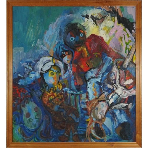 226 - Janet Samson 1988 - Dolls, oil on canvas, label with price of £1600.00 verso, framed, 90cm x 82cm ex... 