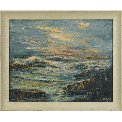 2373 - Douglas Adams - Sun on the Rocks, Impressions oil on board, label verso, framed, 55cm x 44cm excludi... 