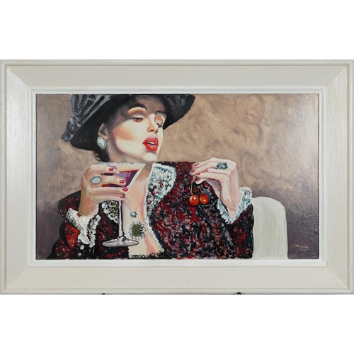 2501 - Clive Fredriksson - Female, cocktail and cherries, contemporary oil on board, framed, 61.5cm x 36.5c... 