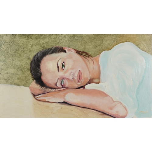 2404 - Clive Fredriksson - Portrait of a female resting, contemporary oil on board, framed, 60cm x 33.5cm e... 