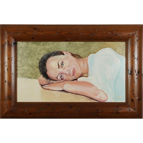 2404 - Clive Fredriksson - Portrait of a female resting, contemporary oil on board, framed, 60cm x 33.5cm e... 