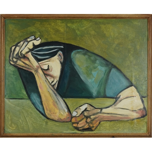 2505 - Clive Fredriksson - Figure at a table, contemporary Impressionist oil on board, framed, 53cm x 41.5c... 