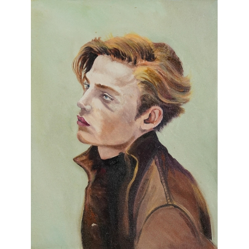 2463 - Clive Fredriksson - Top half portrait of young man wearing a brown coat, contemporary oil on board, ... 