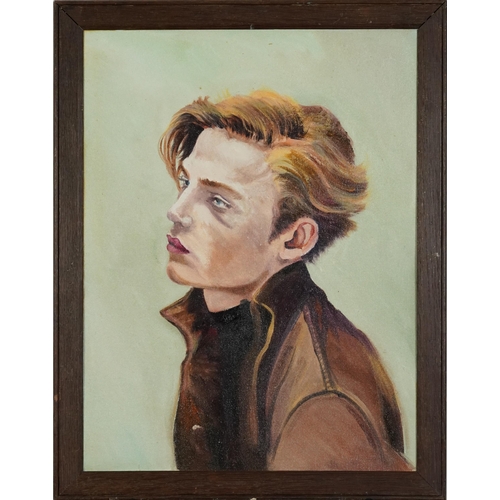 2463 - Clive Fredriksson - Top half portrait of young man wearing a brown coat, contemporary oil on board, ... 