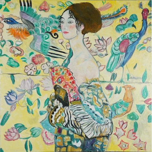 2401 - Clive Fredriksson - Portrait of a female with birds of Paradise and flowers, contemporary oil on can... 