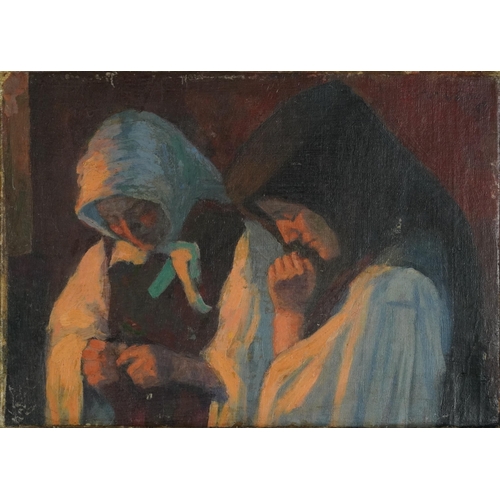 715 - Two praying nuns, oil on canvas, unframed, 39.5cm x 28cm