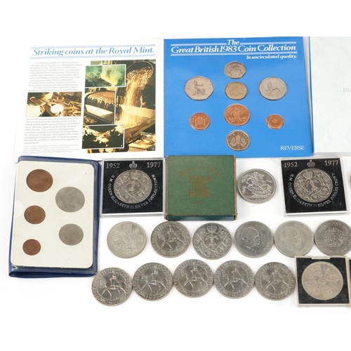 1591 - British coinage, some proof, including 1977 commemorative crown, 1983 Royal Mint coin collection, co... 