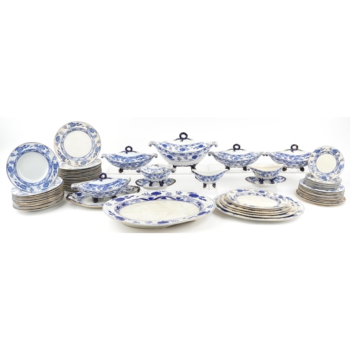 504 - Victorian blue and white Dresden pattern dinnerware including a large oval meat platter, graduated s... 