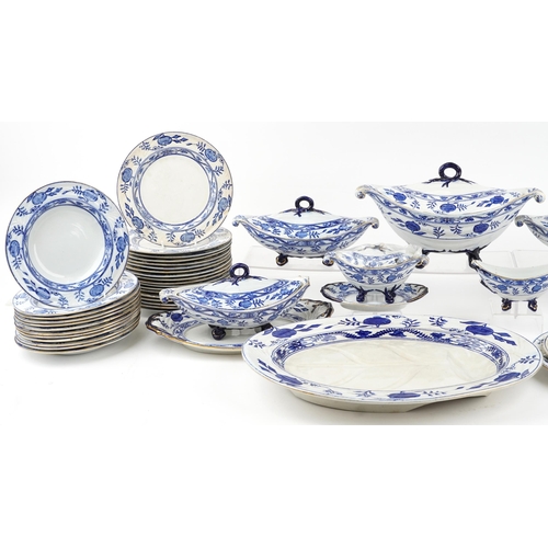 504 - Victorian blue and white Dresden pattern dinnerware including a large oval meat platter, graduated s... 