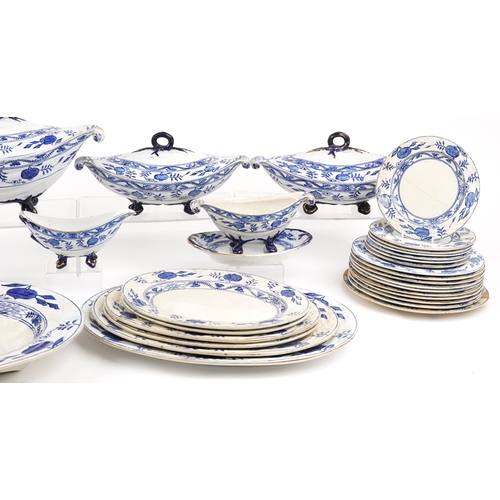 504 - Victorian blue and white Dresden pattern dinnerware including a large oval meat platter, graduated s... 