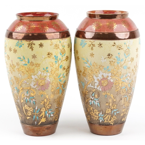 436 - Royal Doulton, Pair of Doulton Lambeth Slater's Patent vases hand painted with stylised flowers, imp... 